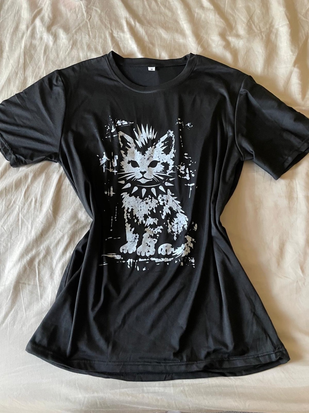 Black Graphic Men’s T-Shirt with White Cat Print